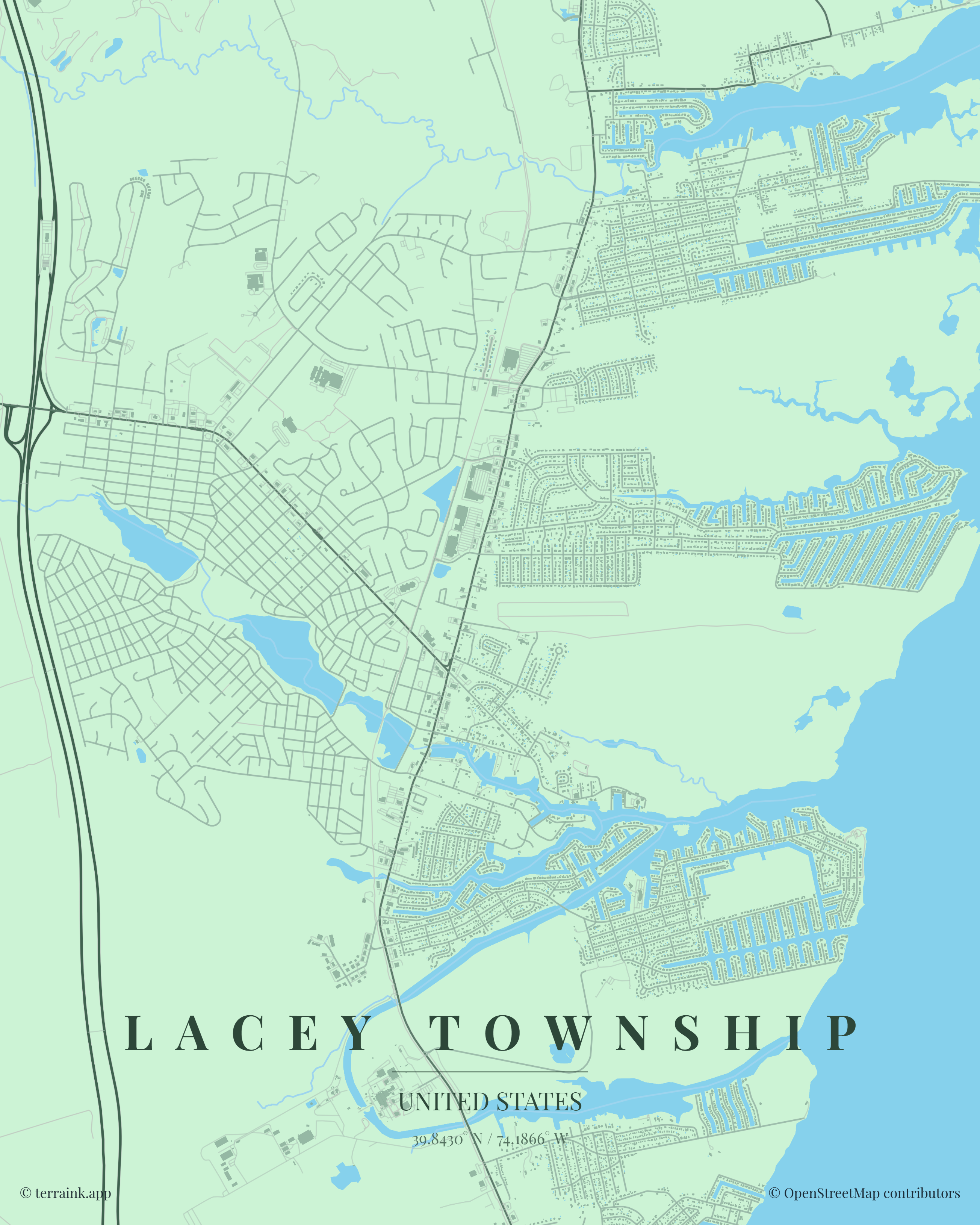 Map of Lacey Township and the southern Ocean County, NJ service region — FORE SEASONS GOLF STUDIO is on Lacey Road at Garden State Parkway Exit 74
